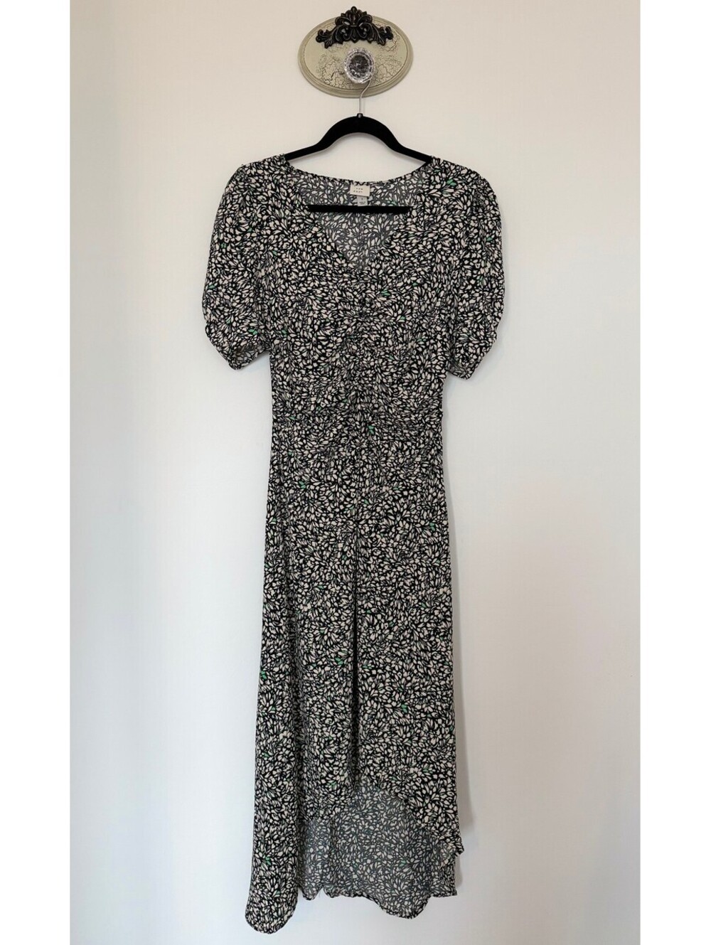 A New Day Black Floral Puff Sleeve Midi Dress, Size Small